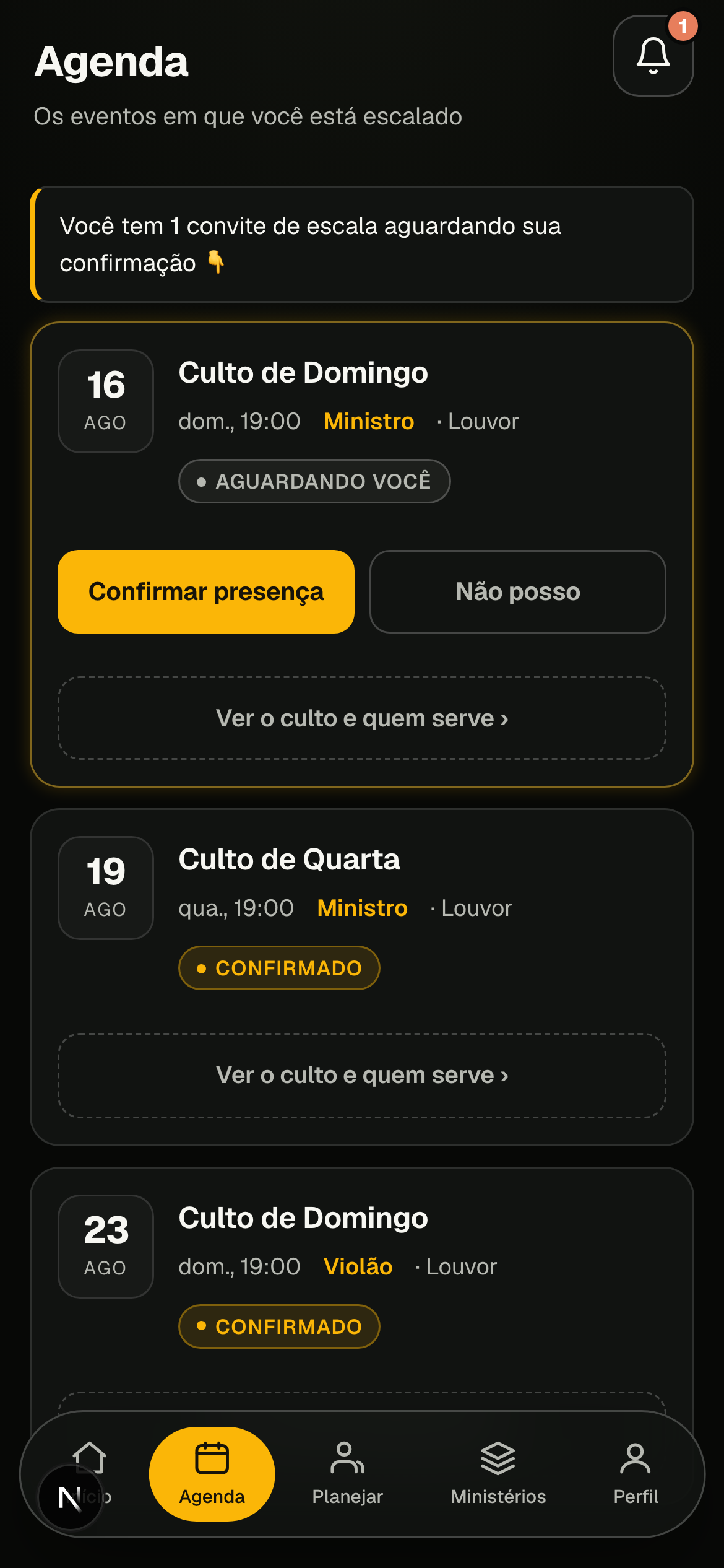A agenda de um voluntário no VIDE, com um convite aguardando confirmação e dois cultos já confirmados