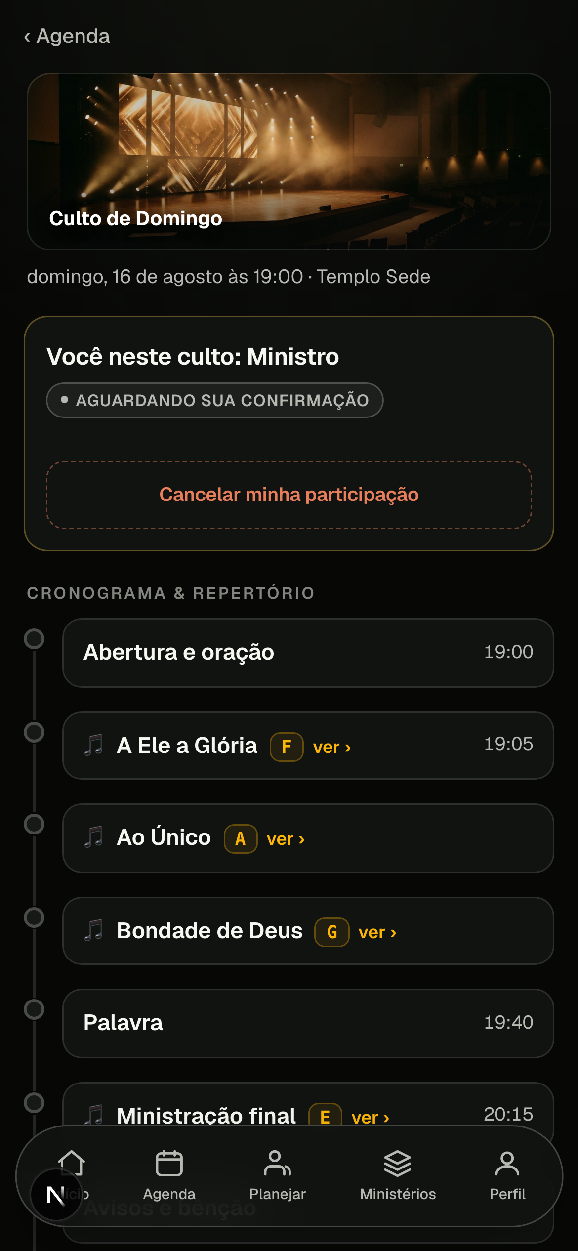 Tela do culto com o cronograma na ordem e as músicas com o tom