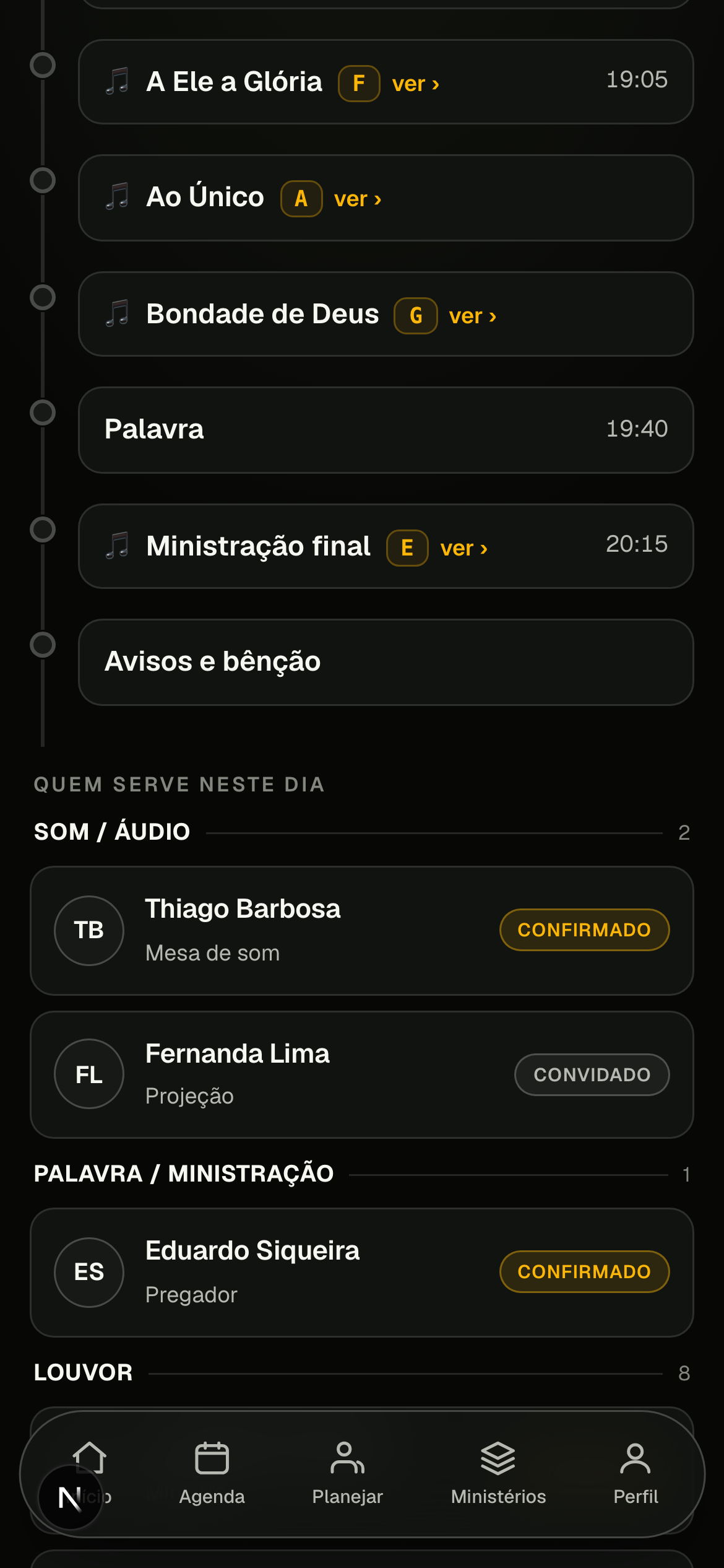 Tela do culto mostrando quem serve em cada ministério, com o estado de cada convite