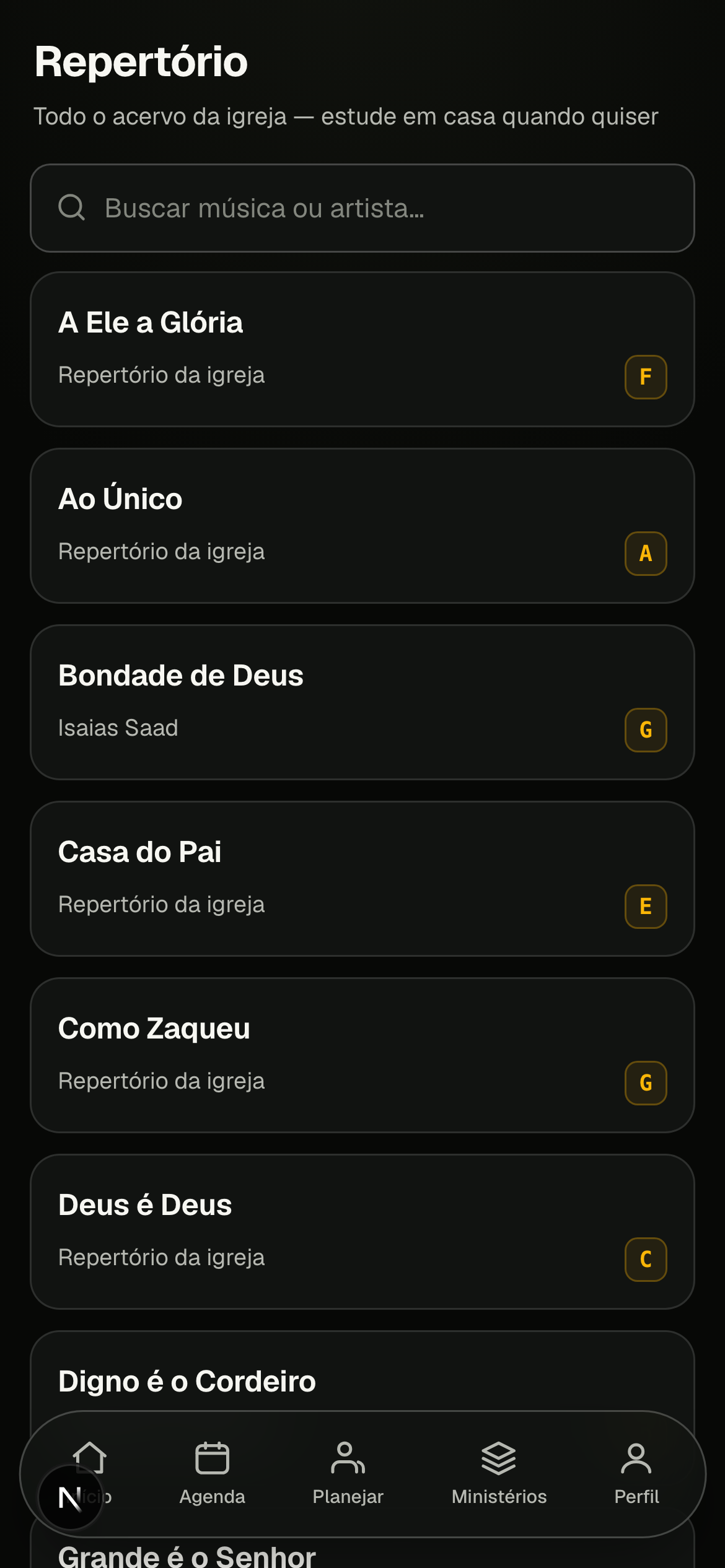 Repertório da igreja no VIDE, com cada música e seu tom